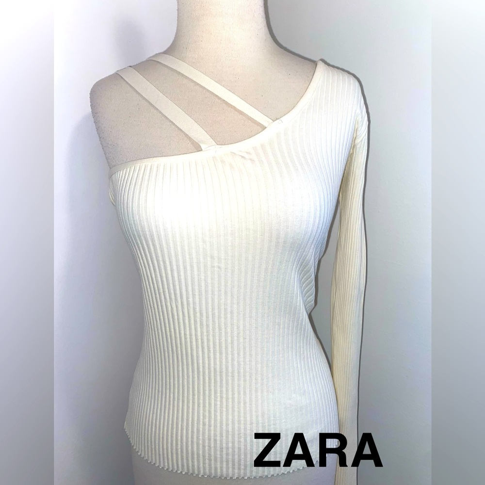 ZARA Cream Ribbed One-Shoulder Top - Size L - NEW